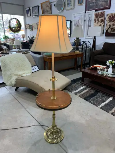 Vintage Floor Lamp with round wood shelf, View more