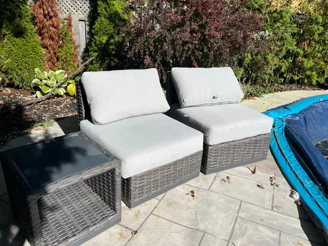 2 grey wicker outdoor chairs with cushions!!! in Patio & Garden Furniture in Markham / York Region - Image 3