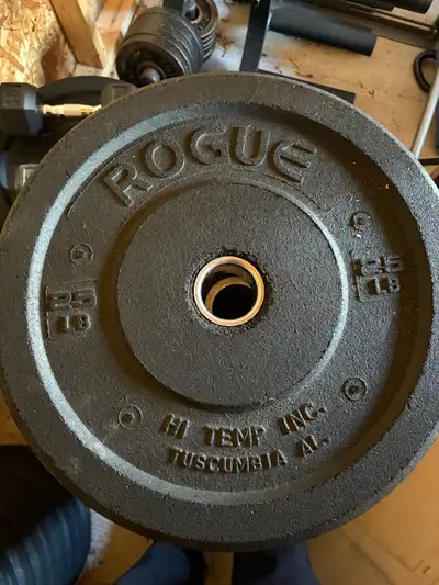 Used Rogue bumper plates for sale. Can purchase small or large amount. Willing to sell more weight f...