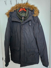Goose Down Grey/Green Parka Jacket Large Fur Trim Hood