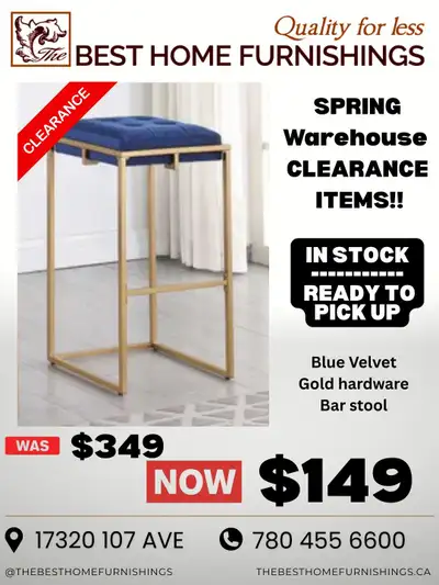 SUPER DEALS: Luxury Blue Velvet & Gold Bar Stool, View more