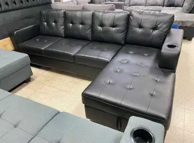 Black Leather Sectional Sofa with Cup Holders, View more