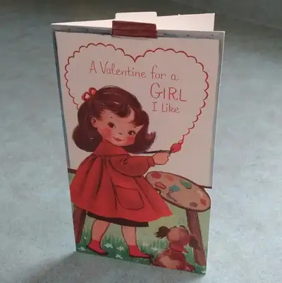Vintage Red Coat Painter Girl Small Dog Valentine Card, View more