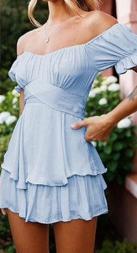 Women Off Shoulder Ruffle Flowy Casual Summer Mini Dress L-XL