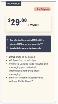 $29/month 20GB 4G unlimited talk text Canada wide cell plan