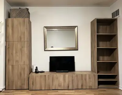 $450  IKEA BESTA TV BENCH AND SHELF STORAGE SYSTEM WITH DOORS, View more