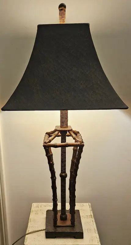 MCM VINTAGE BAMBOO LAMP W/LEATHER LAMP SHADE in Indoor Lighting & Fans in City of Toronto - Image 2