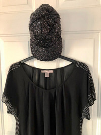 Holiday party outfit-back top and baseball cap with sequins