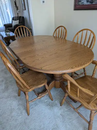 solid oak wood dining table with 6 chairs and buffet, View more
