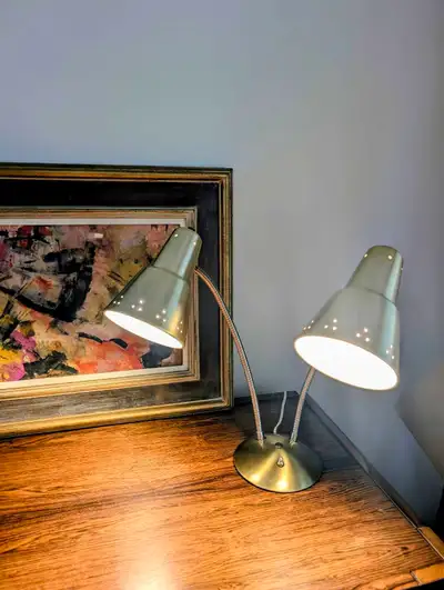 Mid-Century Brass Double Gooseneck Table Lamp – Pinhole S, View more