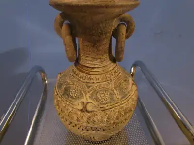 HEAVY ORNATE DECORATIVE  TERRACOTTA VESE PRIMITIVE 21 INCHES ROU, View more
