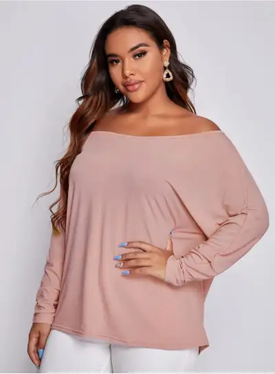 Plus Asymmetrical Neck Batwing Sleeve Solid Tee, View more