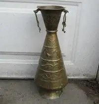 Large 18" Tall Antique Brass Vase - Engraved All Over