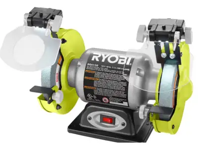 Featuring a rugged 2.1 Amp induction motor, the RYOBI 6 -inch Bench Grinder utilizes an integrated L...