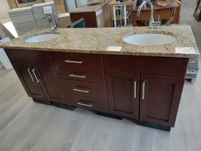 Double Bathroom Vanity- Coffee Complete with Granite Countertop, Under mount sink and 2 faucets Left...