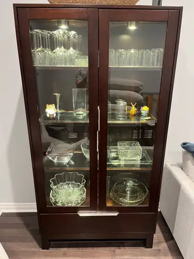 ALMOST NEW! SOLID WOOD DISPLAY CABINET CURIO-ILLUMINATED-PERFECT, View more
