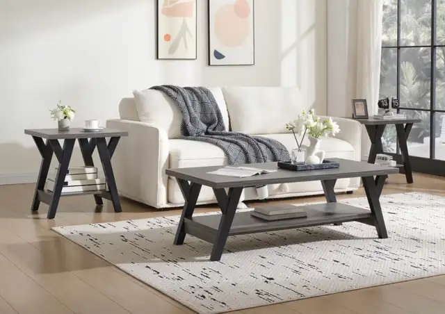 Modern Grey Wood Coffee and End Table Set 3 Piece  in Coffee Tables in Ottawa - Image 2