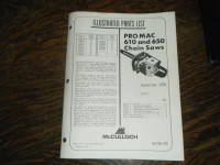 McCulloch Pro Mac 610, 650  Chain Saws Parts List Manual 1978