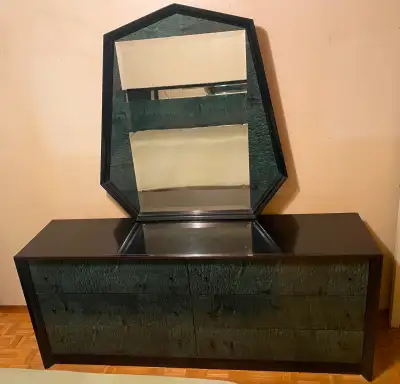5 piece queen size bedroom suite with headboard mirror, twin end tables and large dresser with mirro...
