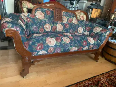 Antique Victorian settee 250. Antique dining chairs 45. ea. Antique carved folk art ashtray 250. Ant...