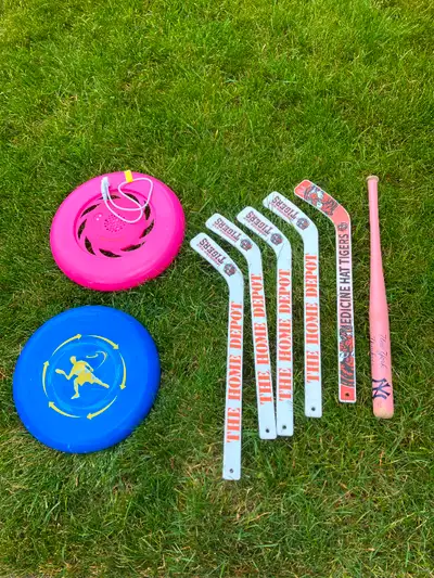 Frisbee that plays music, regular frisbee, mini sticks, mini bat $25