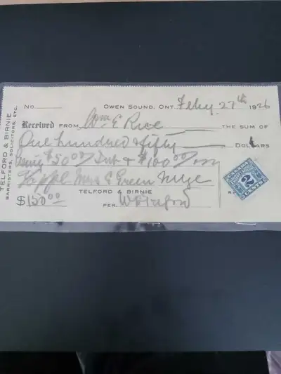 1926 Cheque Telford & Birnie, View more