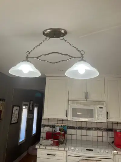Satin nickel finish hanging ceiling light frosted shades, View more