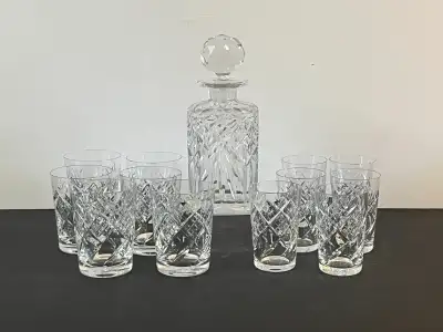 VINTAGE CUT CRYSTAL DECANTER & GLASSES 13 PC HOSTESS SET, View more