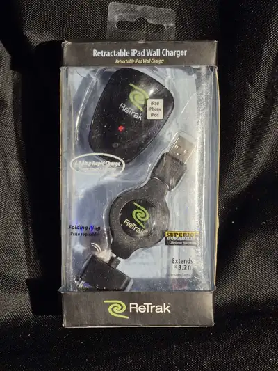 This is a Retrak retractable iPad wall charger, providing 2.1 Amp rapid charging for iPads, iPhones,...
