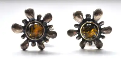 AMBER SILVER EARRINGS - Genuine green amber cabochons - Stamped 925 on earrings and on butterfly bac...