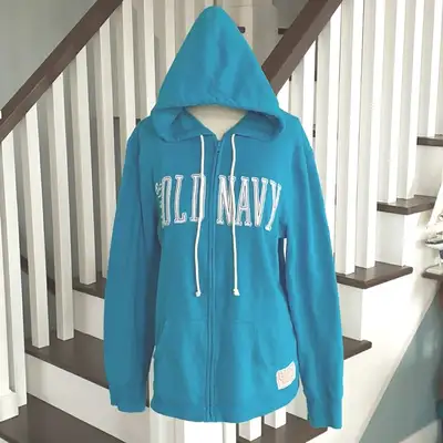 Barbados Blue zip up hoodie with white drawstring features Old Navy in white and black applique lett...