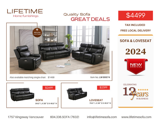 Genuine Top Grain leather reclining set in Couches & Futons in Vancouver - Image 3