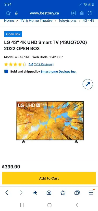 LG 43'' 4K UHD Smart TV (43UQ7070) $279.99, View more