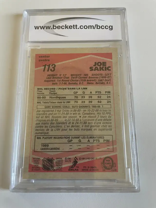 1989-90 O-Pee-Chee 113 Joe Sakic Rookie Nordiques 10 Mint or Bet in Arts & Collectibles in Saint-Jean-sur-Richelieu - Image 3