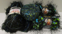 NEW, 5 FULL BALLS BLACK WITH TURQUOISE & LIME NOVELTY YARNS