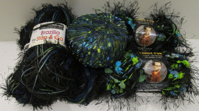 NEW, 5 FULL BALLS BLACK WITH TURQUOISE & LIME NOVELTY YARNS in Hobbies & Crafts in Hamilton