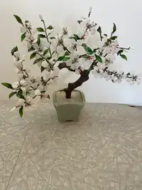 Vintage Lrg Chinese White & Jade Stone Glass Bonsai Flower Tree