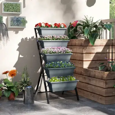 5-Tier Raised Garden Bed Plant Stand Flower Pots with Leaking Holes Grey • 5-layer planter with stan...
