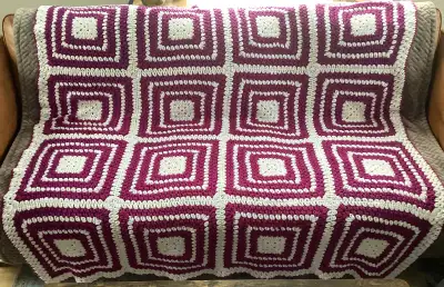 64" Square Purple & White Hand Crocheted Afghan, View more