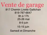 Vente de garage Gallichan mai et juin 2024