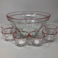 Picardie Duralex France Red Rimmed Glass Punch Bowl w 6 Cups