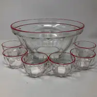 Picardie Duralex France Red Rimmed Glass Punch Bowl w 6 Cups