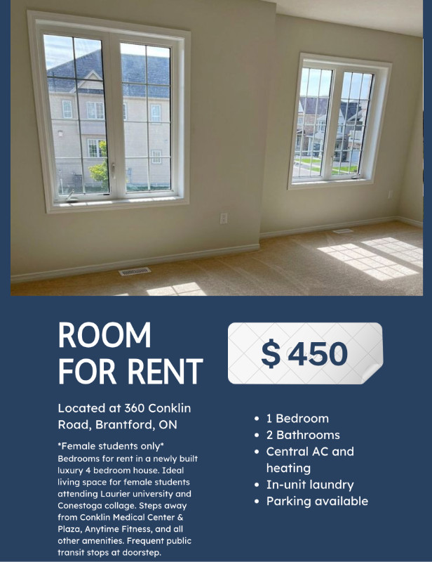 Room for Rent in New Home - Conestoga and Laurier Students in Long Term Rentals in Brantford