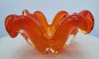 Mid Century Modern Electric Orange Ruffled Art Glass Bowl