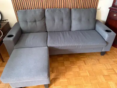 Grey L-Shaped Sectional Sofa w/ Reversible Chaise, Cup Holders , View more