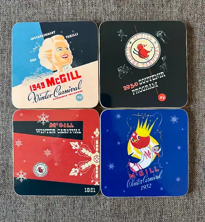 Vintage McGill winter carnival souvenir coaster set of 4 in box, View more