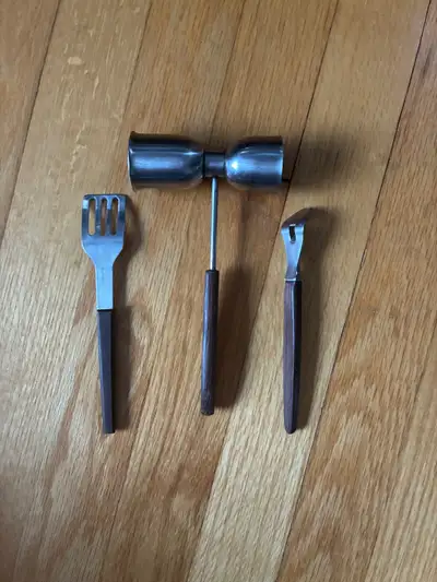 MCM teak and stainless can opener , cocktail measure , hors d’oeuvre utensil and ladle cup ( needs b...