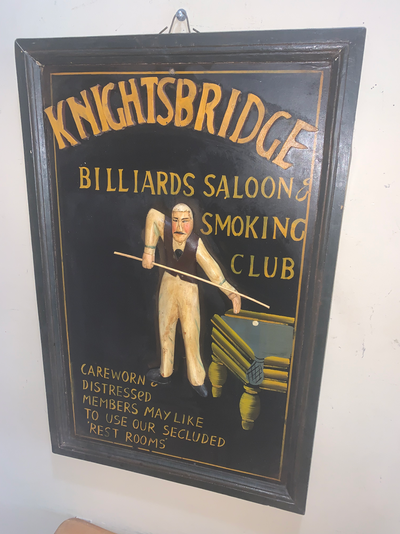 Vintage Knightsbridge Billiards, Saloon Smoking club wood bar , Pub, Mancave sign Mint Features a be...