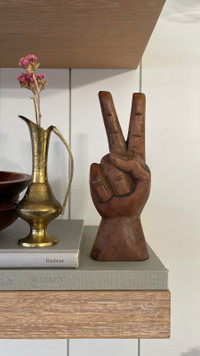 Vintage Mid Century Carved Wood Peace Sign Hand