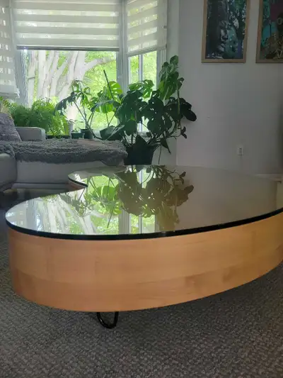 Kidney shaped wood and glass coffee table, View more